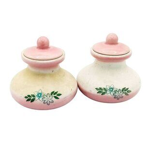 Vanity Jars Porcelain Vintage Pink White Pottery Lids Flowers 2 Inch Miniature